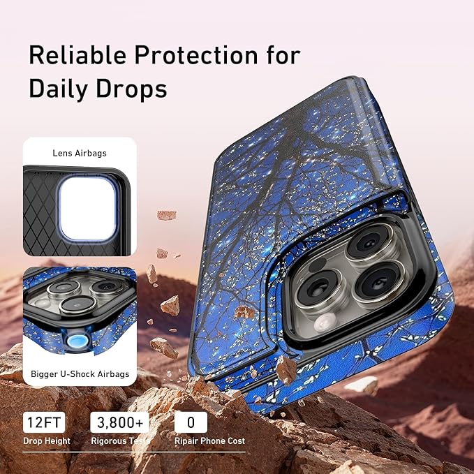 FUNMIKO for iPhone 15 Pro Wallet Case with Card Holder, RFID-Blocking, Military-Grade Protection & UV-Printed Artwork, Magnetic Closure with Leather Kickstand - Dreamy Wishing Tree