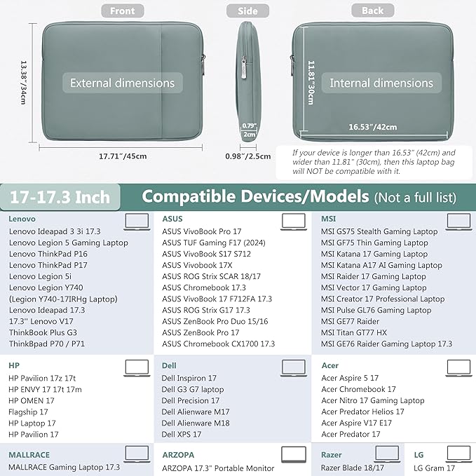 HYZUO 17-17.3 Inch Laptop Sleeve Bag Set for 17" 17.3" HP/Dell/ASUS/Acer/LG/Toshiba/MSI Gaming Laptop/Razer Blade 17/18, Notebook Protective Case for Men Women, Ash Blue