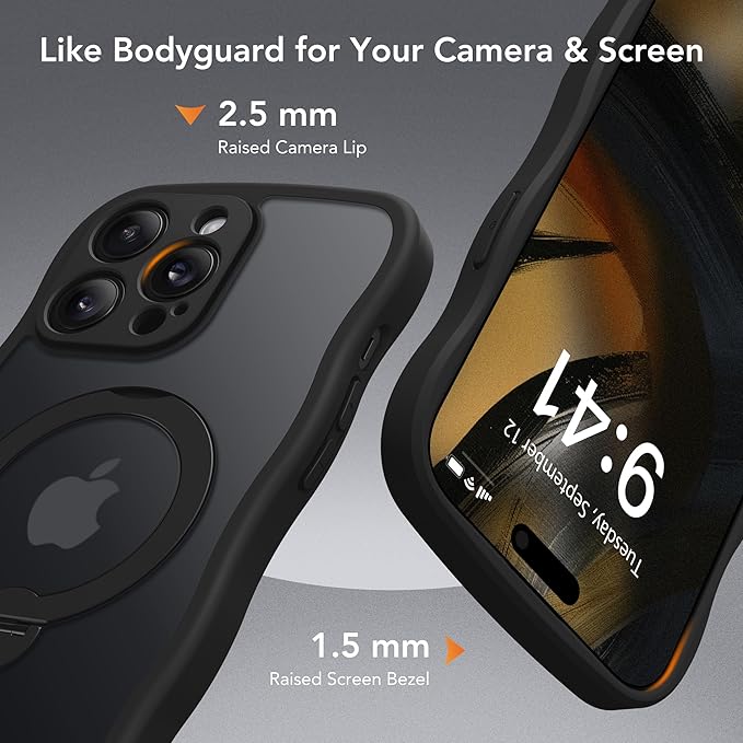 GolbinBox for iPhone 14 Pro Case for Women,[Compatible with Magsafe][360° Spin Magnetic Stand][Cute Wave Edge][Military-Grade Protection] Translucent Matte Phone Case for iPhone 14 Pro, Black