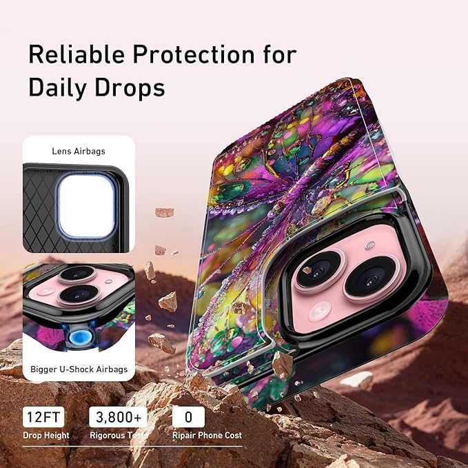 FUNMIKO for iPhone 14 Wallet Case with Card Holder, RFID-Blocking, Military-Grade Protection & UV-Printed Artwork, Magnetic Closure with Leather Kickstand - Vibrant Elegant Butterfly