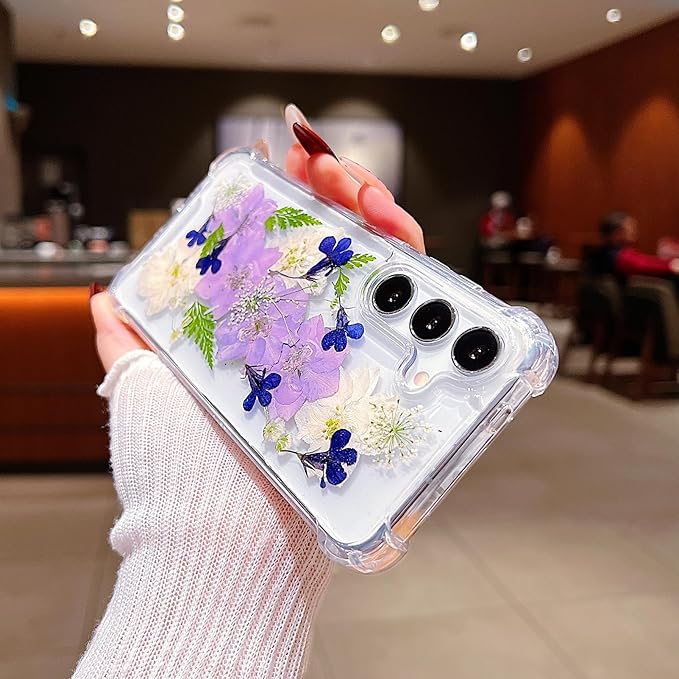 Compatible with Samsung Galaxy S25 Plus Case Cute Pressed Dried Real Flowers Women Girly Shockproof Soft TPU Floral Clear Phone Cover for Galaxy S25+(Purple Flower)