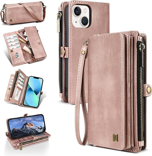 for iPhone 13 Wallet Phone Case with 7 Card Holder,RFID Blocking | PU Leather | Kickstand | Flip | Wrist Strap&Shoulder Strap | Shockproof | Zipper Wallet | Women Men | 6.1" | Rose Gold