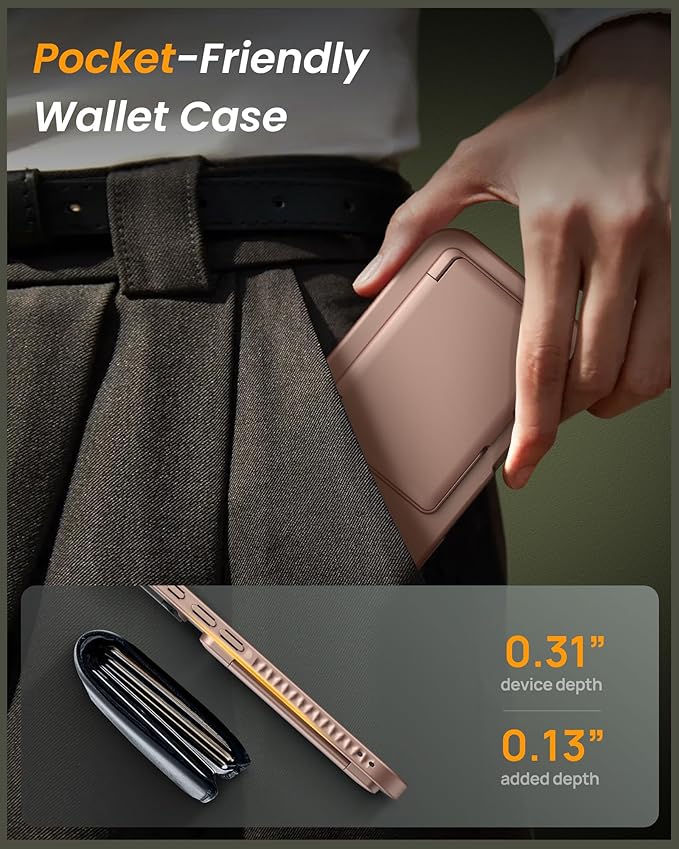 for iPhone 17 Pro Case with Card Holder & Stand & Camera Cover, Military Grade Drop Protection Hard Rugged Multifunctional Wallet Kickstand Protective Phone Case for iPhone 17 Pro, Rose Gold