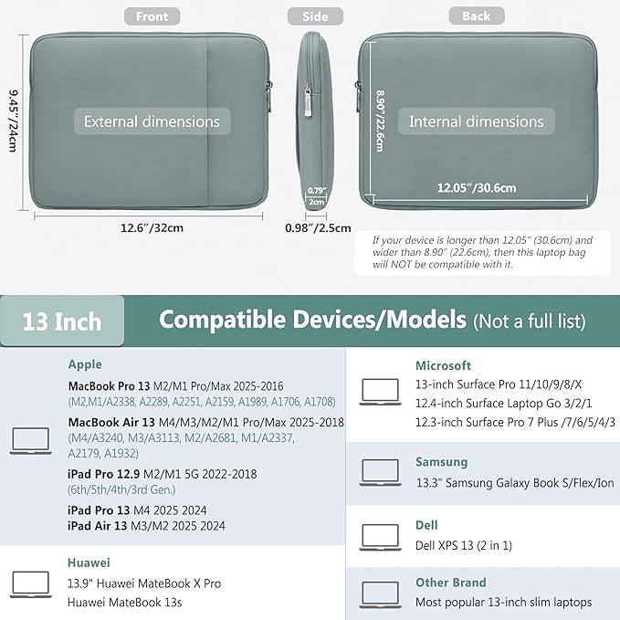 HYZUO 13 Inch Laptop Sleeve Bag Set for MacBook Air 13 M4/M3/M2/M1 2025-2018, MacBook Pro 13 M2/M1 2025-2016, iPad Pro/Air 13, XPS 13, Surface Pro, Notebook Case for 12"-13" Tablet, Ash Blue