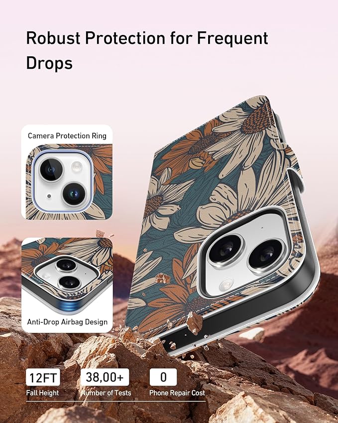 DEENAKIN for iPhone 15 Wallet Case with Card Holder + Cash Clip, RFID-Blocking, Military-Grade Drop Protection, Magnetic Closure with Leather Kickstand - Floral Daisy Pattern