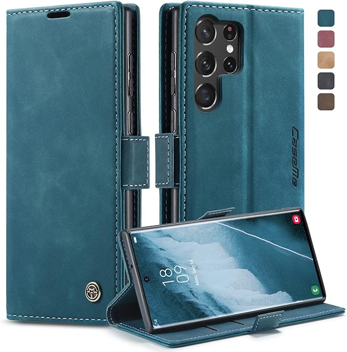 for Samsung Galaxy S23 Ultra Case, Flip Wallet Leather Case with Card Holder Magnetic Closure Shockproof Kickstand Protective Phone Cases Cover for Galaxy S23 Ultra 5G 6.8 Inch,Blue-Green