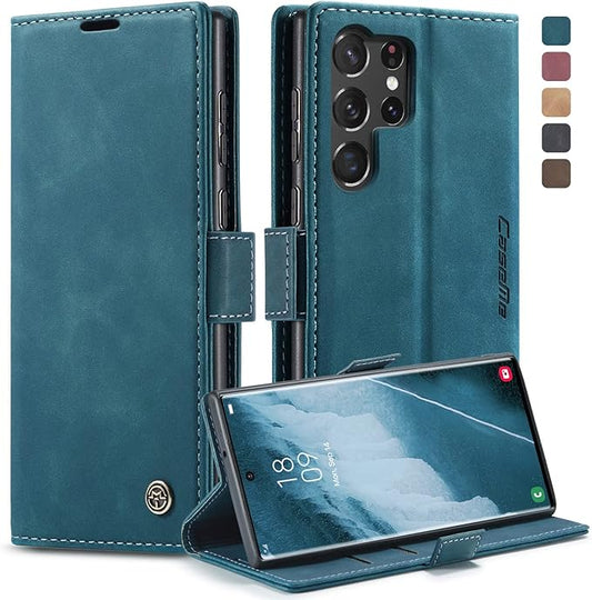 for Samsung Galaxy S23 Ultra Case, Flip Wallet Leather Case with Card Holder Magnetic Closure Shockproof Kickstand Protective Phone Cases Cover for Galaxy S23 Ultra 5G 6.8 Inch,Blue-Green