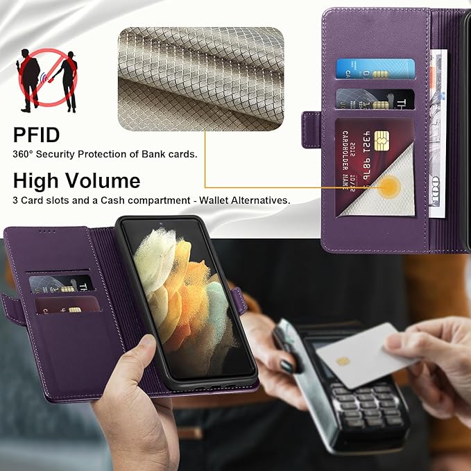 Wallet Flip Case for Samsung Galaxy S21 Ultra 5G - [RFID Blocking] Luxury PU Leather Card Holder Magnetic Phone Cover with Kickstand,Shockproof Protective Case,Purple