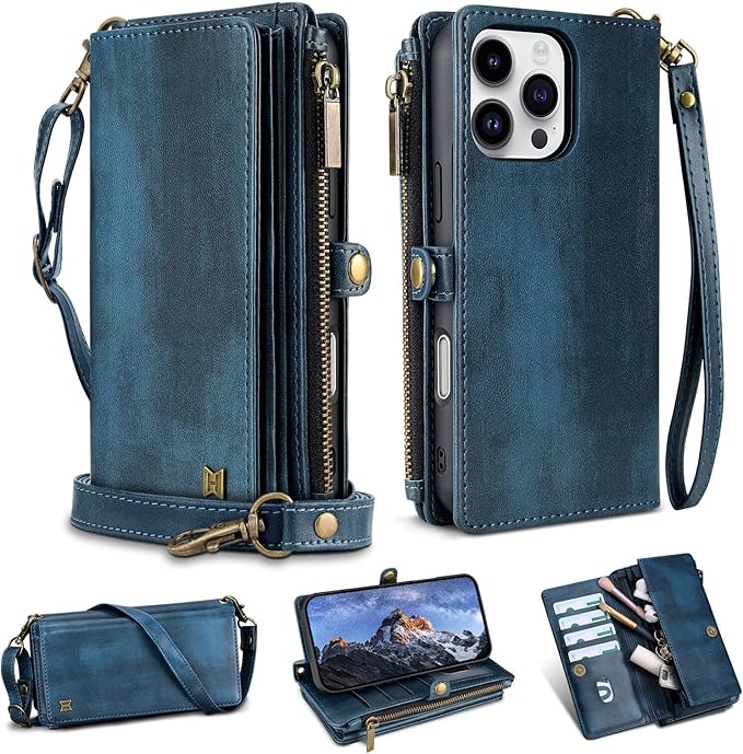 for iPhone 16 Pro Max Wallet Phone Case with 8 Card Holder,RFID Blocking | PU Leather | Kickstand | Flip | Wrist Strap&Shoulder Strap | Shockproof | Zipper Wallet | Women Men | 6.9" | Blue