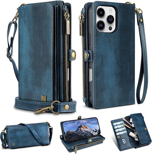 for iPhone 16 Pro Max Wallet Phone Case with 8 Card Holder,RFID Blocking | PU Leather | Kickstand | Flip | Wrist Strap&Shoulder Strap | Shockproof | Zipper Wallet | Women Men | 6.9" | Blue
