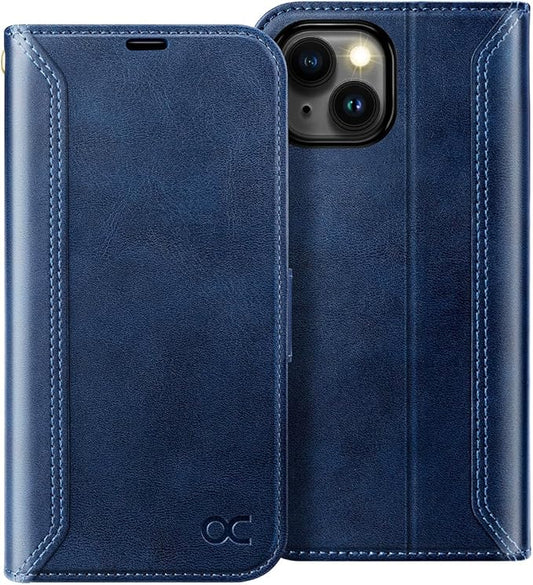 OCASE Compatible with iPhone 15 Wallet Case, PU Leather Flip Folio Case with Card Holders RFID Blocking Kickstand [Shockproof TPU Inner Shell] Phone Cover 6.1 Inch 2023, Retro Blue