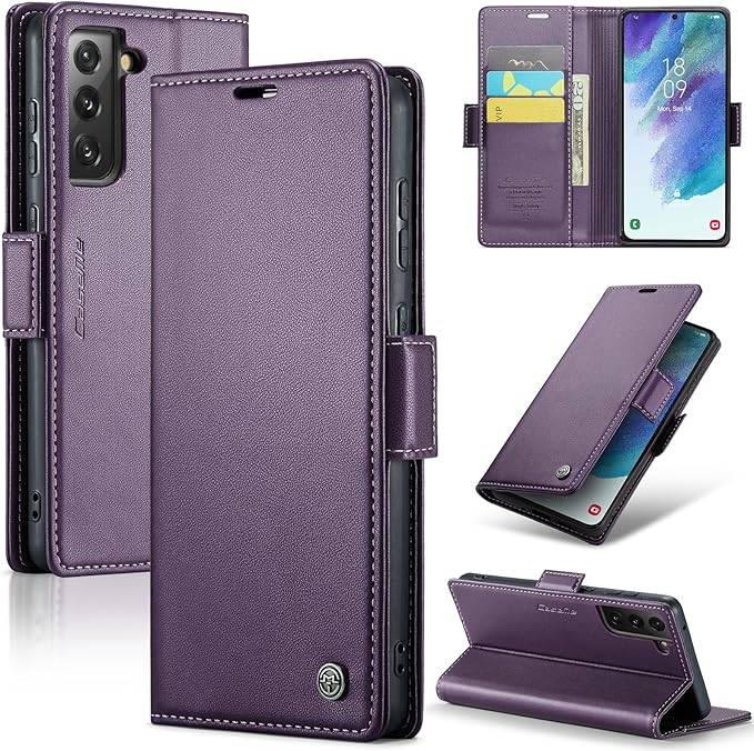 AUPAI for Samsung Galaxy S21 FE Wallet Case with Credit Card Holder, PU Leather RFID Blocking Folio Flip Kickstand Magnetic Clasp Protective Phone Cover for Women Men Purple