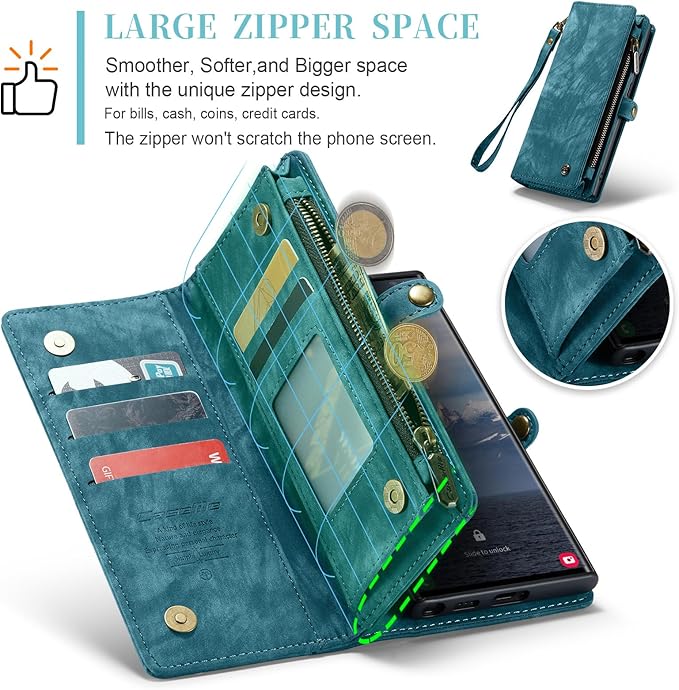 SZHAIYU 2 in 1 Detachable for Samsung Galaxy S24 Ultra Wallet Case with Card Holder, Retro Premium Flip Leather Cover Magnetic Zipper Pocket Phone Cases 6.8'' (Blue, S24 Ultra)