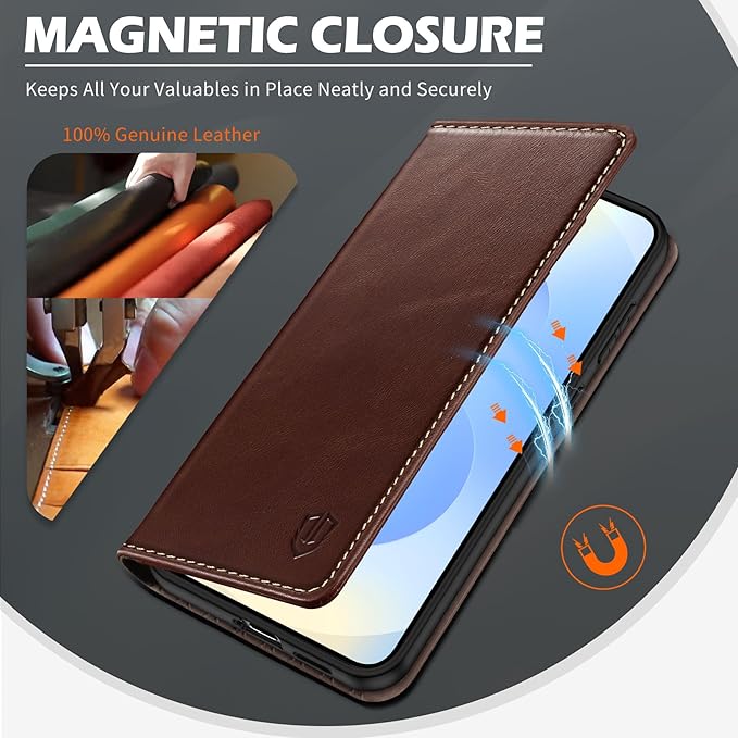 SHIELDON Wallet Case for Galaxy S25 Edge 2025, Genuine Leather Case with RFID Blocking Credit Card Holder Kickstand Magnetic Folio Protective Cover Compatible with Galaxy S25 Edge 6.7" - Retro Coffee