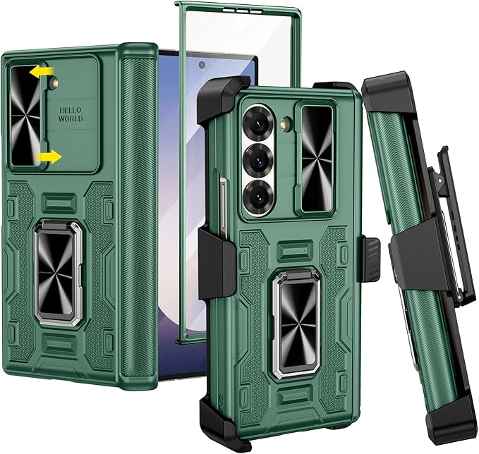 VEGO for Galaxy Z Fold 6 Case with Belt Clip Holster, 360°Ring Magnetic Kickstand & Camera Cover & Front Screen Protector & Hinge Protection Shockproof Armor Case for Samsung Z Fold 6 - Green