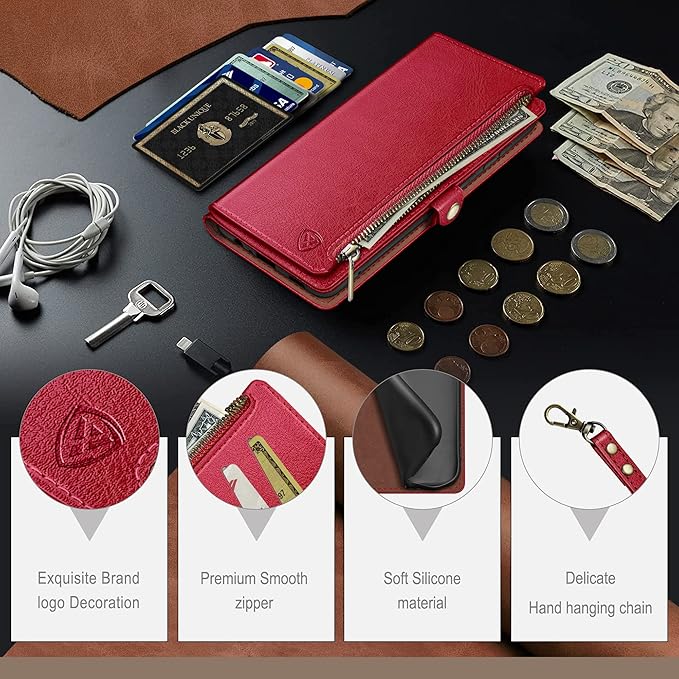 XcaseBar Compatible with Samsung Galaxy S25 Wallet case with Zipper Credit Card Holder【RFID Blocking】,Flip Folio Book PU Leather Phone case Shockproof Cover Women Men for Samsung S25 case Red