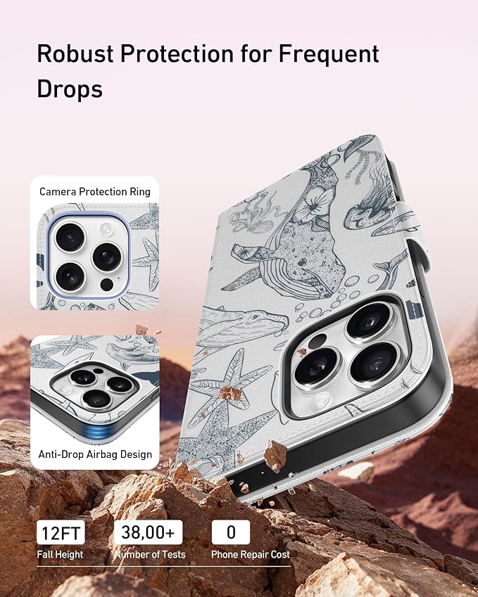 DEENAKIN for iPhone 16 Pro Wallet Case with Card Holder + Cash Clip, RFID-Blocking, Military-Grade Drop Protection, Magnetic Closure with Leather Kickstand - Dynamic Marine Life