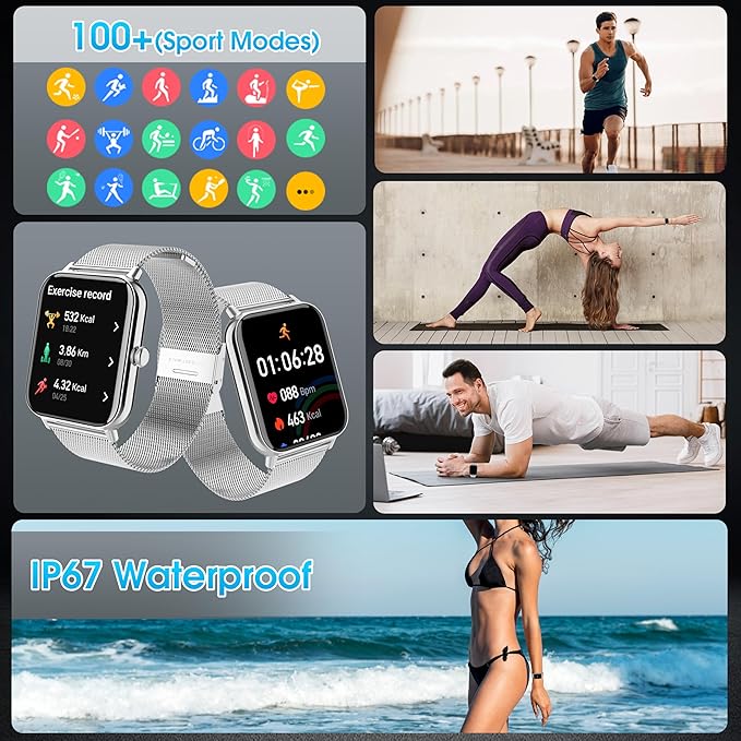 Smart Watch for Men Women(Answer/Dial Calls) 1.83" HD Fitness Step Tracker Watch with Heart Rate, Sleep & Stress,IP68 Waterproof/120+ Sports Modes for IOS/Android, Silver Metal/2 Watchs Bands