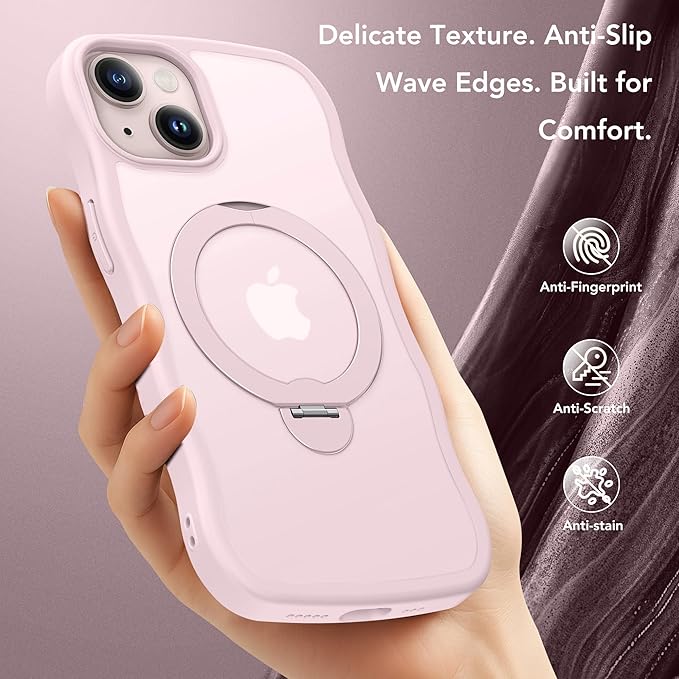 for iPhone 13 Case & iPhone 14 Case for Women,[Compatible with Magsafe][360° Spin Magnetic Stand][Cute Wave Edge][Military-Grade Protection]Translucent Matte Phone case for iPhone 13/14, Chalk Pink