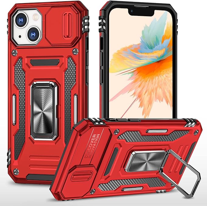 Phone Case for iPhone 14 Plus Case with Finger Ring Holder Stand, with Slide Camera Cover, fit Magnetic Car Mount, for iPhone 14 Plus (Red)