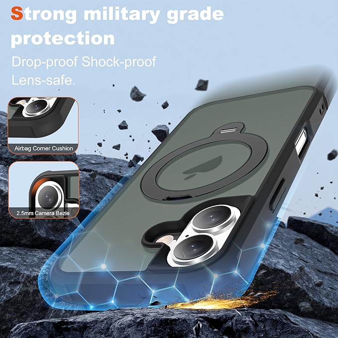 Compatible with iPhone 17 Case with Invisible Magnetic 360°Spin Stand,Military-Grade Shockproof Protection [Compatible with Mag-Safe] Non-Slip Edge Translucent Case (6.3",Black)