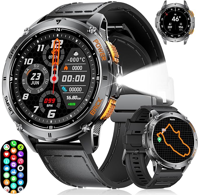 GPS Smart Watch for Men with LED Flashlight, 530mAh Extra Large Battery, 1.43'' AMOLED Military Smartwatch Answer/Make Call with Heart Rate SpO2 Sleep Monitor for Android iOS Black
