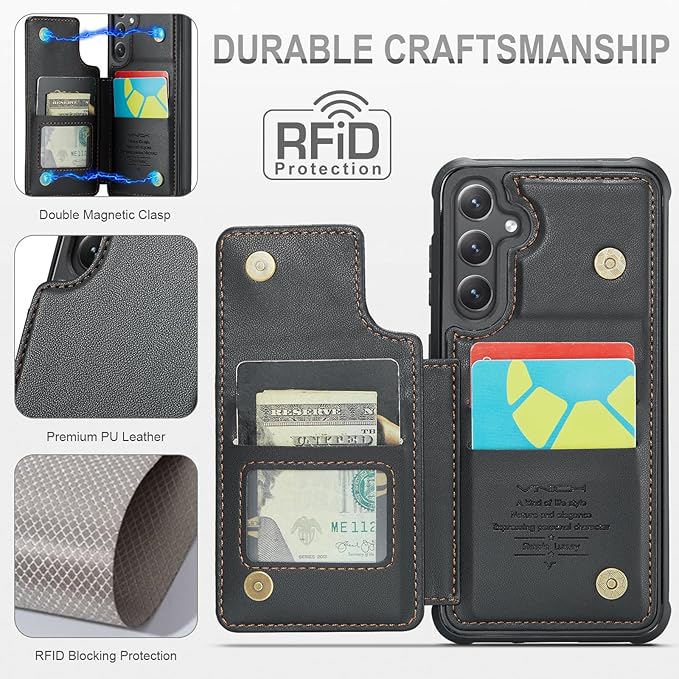 Vinich for Samsung Galaxy S25 Wallet Case with Card Holder, RFID Blocking Credit Slots Kickstand Shockproof Phone Cover for Women Men, Black