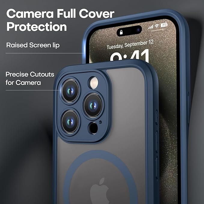 ImpactStrong Magnetic Guard Designed for iPhone 15 Pro Case [Camera Protection] [Military Grade Drop Tested] [Compatible with MagSafe] Slim Translucent Matte Phone Case (6.1") - Navy Blue