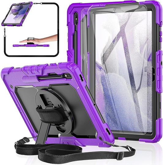 Tablet Case for Samsung Galaxy Tab S8 Plus/S7 FE/S7 Plus 12.4", [Shockproof] with Tempered Glass Screen Protector, Rotating Kickstand/Hand & Shoulder Strap/S Pen Holder (Purple)