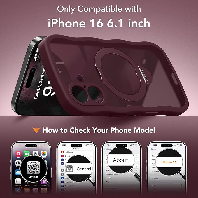 for iPhone 16 Case, [Compatible with Magsafe][360° Spin Magnetic Stand][Military-Grade Protection][Camera Control][Cute Wave Edge]Translucent Matte Women Phone Cover for iPhone 16, Wine Red