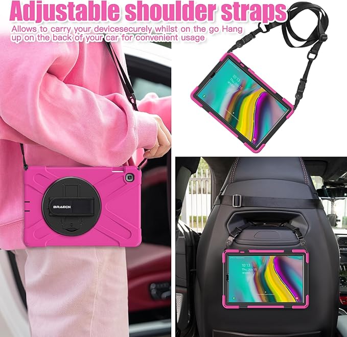 BRAECNstock for Samsung Galaxy Tab S5e Case 10.5 inch 2019 (SM-T720/T725/T727) Shockproof Protective Galaxy Tab S5e Kids Cover with Screen Protector Rotating Stand & Hand Strap Pen Holder - Rose Red