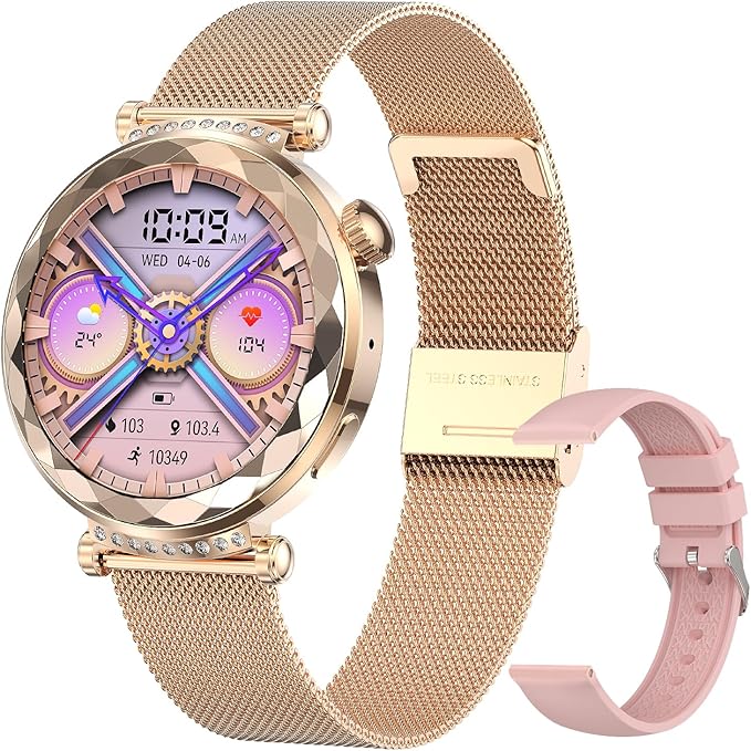 Smart Watch for Women, Fitness Tracker for Android/iOS, 1.19" AMOLED Screen Smartwatches with Female Cycle, Heart Rate, Sleep Monitor, Activity Tracking (2 Watch Bands) (Gold)
