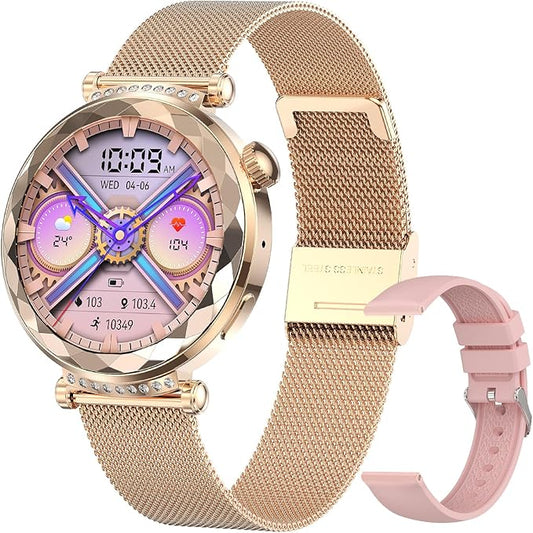 Smart Watch for Women, Fitness Tracker for Android/iOS, 1.19" AMOLED Screen Smartwatches with Female Cycle, Heart Rate, Sleep Monitor, Activity Tracking (2 Watch Bands) (Gold)