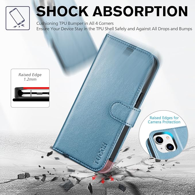 TUCCH Case Wallet for iPhone 14 5G, [RFID Blocking] 4 Card Holder Stand [Shockproof TPU Interior Case] PU Leather Magnetic Protective Flip Cover Compatible with iPhone 14 6.1", Shiny Light Blue