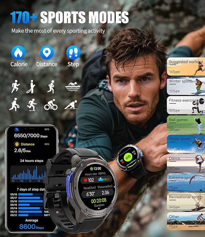 LIGE GPS Sports Smart Watch for Men, Compass Smartwatch with Calling, 170+ Sport Modes Fitness Tracker, Pedometer/IP68 Waterproof 1.43'' AMOLED Smartwatches, Military Smart Watches for Android iOS