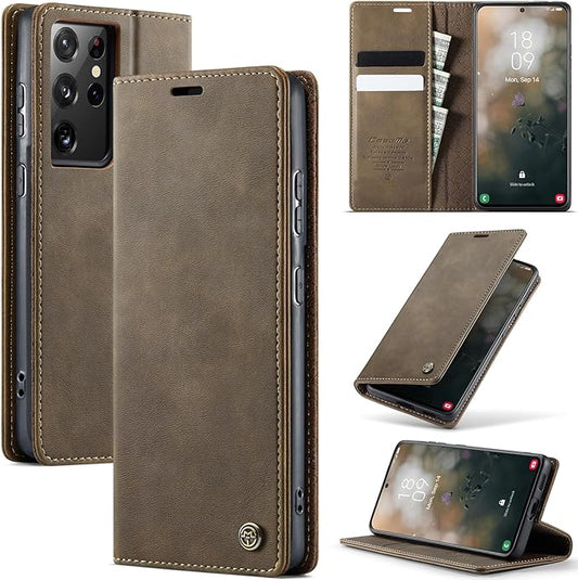 Wallet Case for Samsung Galaxy S21 Ultra Leather Wallet Flip Cover with Card Holder, Kickstand, Magnetic Closure, RFID Blocking TPU Shockproof Phone Case Compatible with S21 Ultra, Coffee