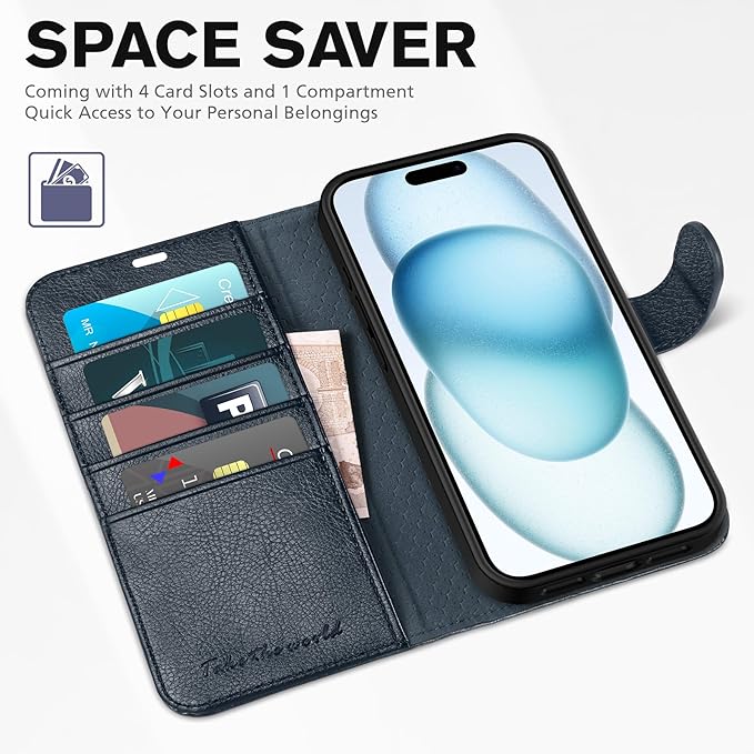 TUCCH Case for iPhone 15 Case Wallet 6.1", [TPU Shockproof Inner Shell], Kickstand PU Leather [RFID Blocking] 4 Card Holder Magnetic Stand Protective Cover Compatible with iPhone 15 5G 2023, Navy Blue