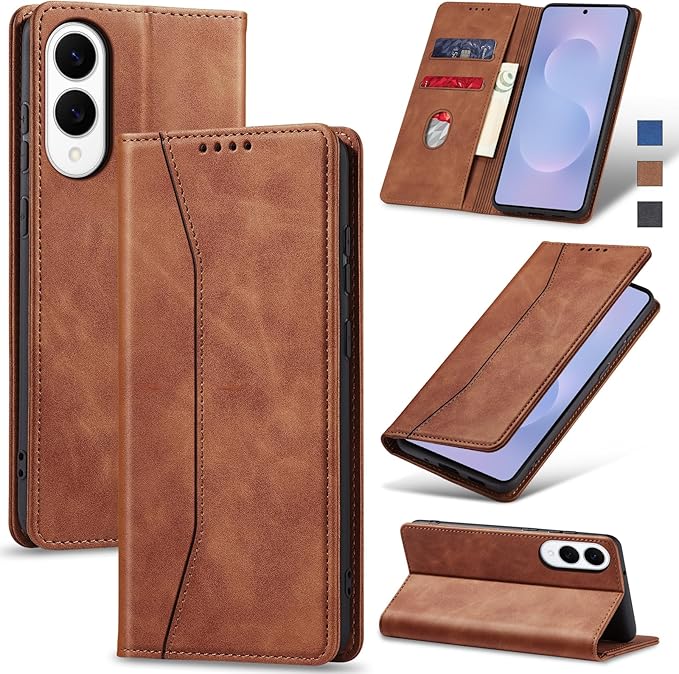 Jasonyu Flip Wallet Case for Samsung Galaxy S25 Edge 5G,Leather Magnetic Folio Cover with Card Holder,Kickstand - TPU Shockproof Durable Protective Phone Case,Brown