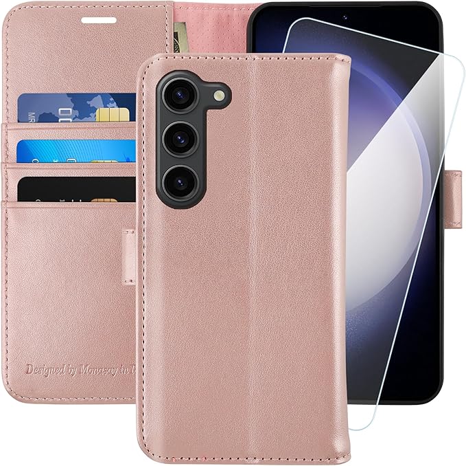 MONASAY Wallet Case Compatible for Galaxy S23+Plus 5G,[RFID Blocking] Flip Folio Leather Cell Phone Cover with Credit Card Holder，6.6 inch, Rosegold