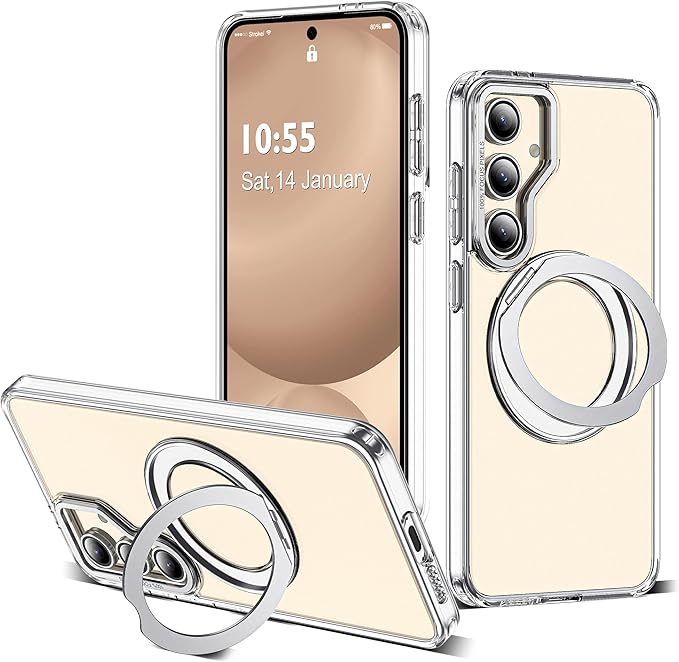 for Samsung Galaxy S24 FE Case with 360° Rotatable Magnetic Ring Stand Compatible with Mag-Safe Military Protection Shockproof Transparent Phone Cases for S24 FE,Clear