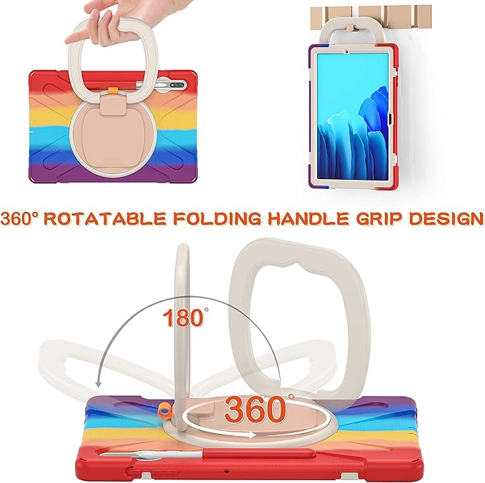 360 Rotation Portable Case for Galaxy Tab S8+/S7 FE/S7+ 12.4 Inch Case with S Pen Holder Rugged Case Rotating Stand Hand Strap Shoulder Carrying Strap Outdoor Cover (Colourful Red)