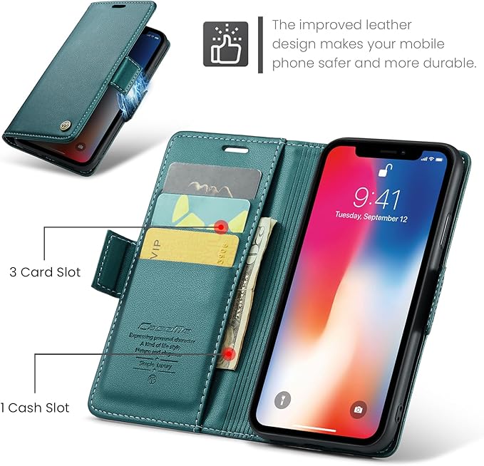 for iPhone Xs Max Case, Premium PU Leather Wallet Case Flip Cover with [RFID Blocking][Card Holder][Stand Function] Shockproof Protective for iPhone Xs Max 6.5", Blue-Green