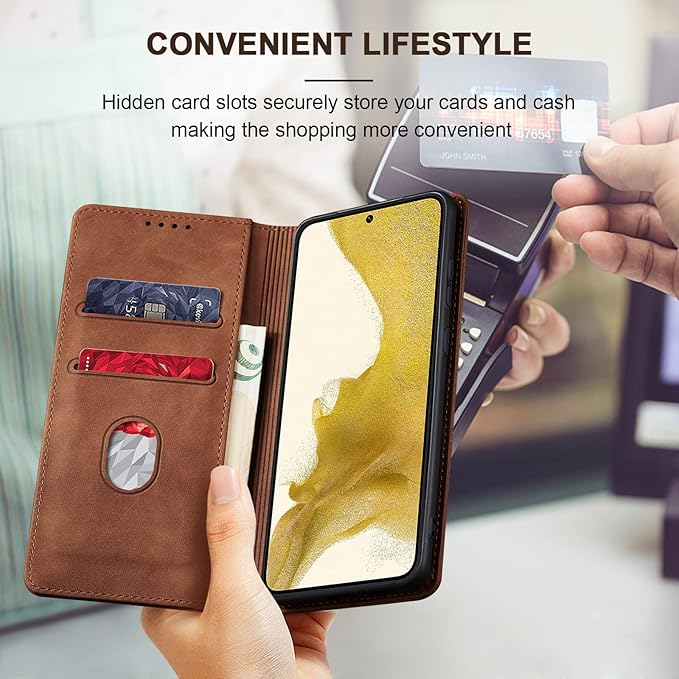 Jasonyu Flip Wallet Case for Samsung Galaxy S22 Plus,Leather Magnetic Folio Cover with Card Holder,Kickstand - TPU Shockproof Durable Protective Phone Case,Brown