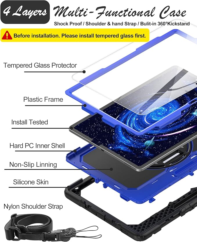 Case for Samsung Galaxy Tab S10 FE Plus 5G Tablet 13.1'', Shockproof Protective Cover with Tempered Glass Screen Protector, Rotatable Kickstand, S Pen Holder, Hand/Shoulder Strap, Blue