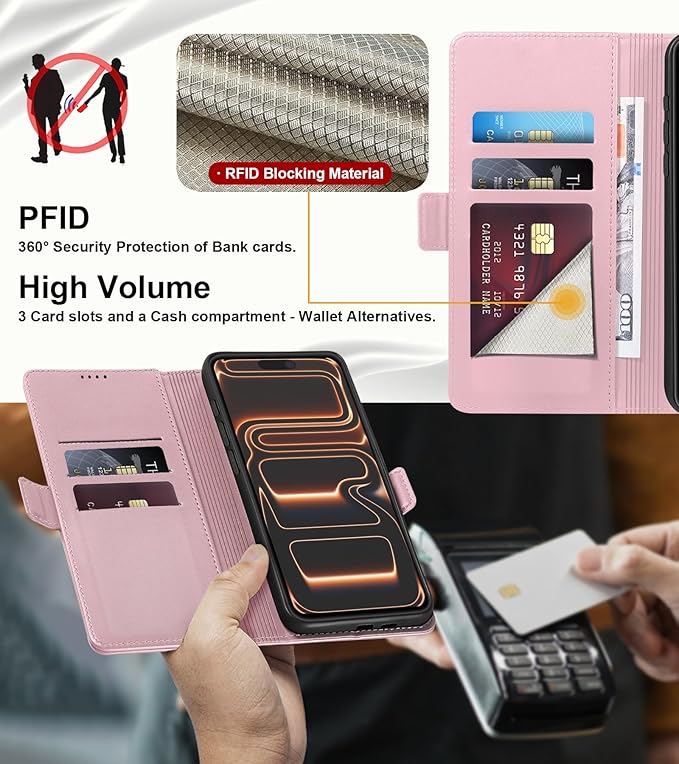 Wallet Flip Case for iPhone 17 Pro Max 5G - [RFID Blocking] Luxury PU Leather Card Holder Magnetic Phone Cover with Kickstand,Shockproof Protective Case,Pink