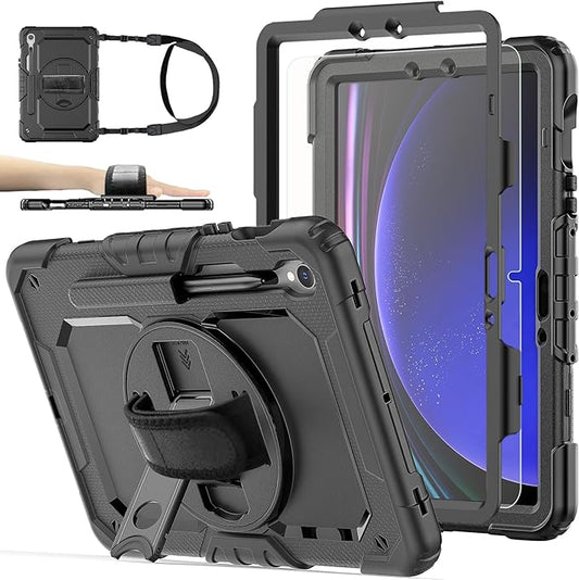 Case for Samsung Galaxy Tab S10 Lite/ S10 FE / S9 FE 10.9 Inch / S9 11'' 5G Protective with Screen Protector/Pen Holder/Hand Strap, Heavy Duty Shockproof Tablet Cover for S10 Lite, Black