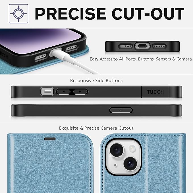 TUCCH Case Wallet for iPhone 14 5G, [RFID Blocking] 4 Card Holder Stand [Shockproof TPU Interior Case] PU Leather Magnetic Protective Flip Cover Compatible with iPhone 14 6.1", Shiny Light Blue