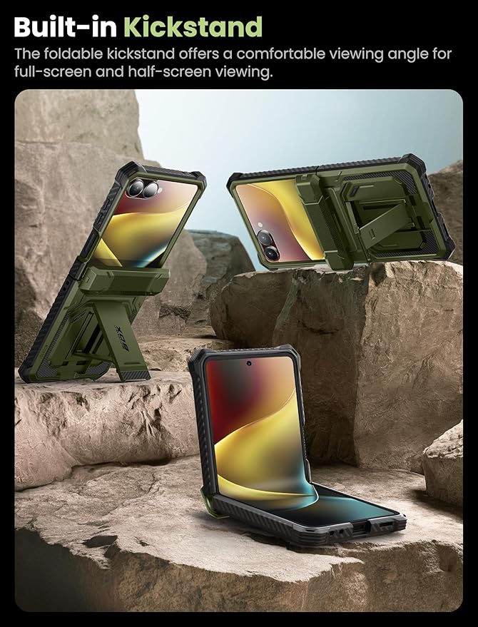 i-Blason for Samsung Galaxy Z Flip 7 Case with Stand, [Tempered Glass Screen Protector] [Hinge Protection] [Belt-Clip], Full-Body Military Protection Phone Case for Samsung Z Flip 7, Armorbox, Green