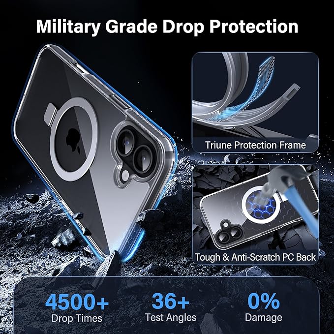 Magnetic Case for iPhone 16 Plus - [Built-in Invisible Stand] [Compatible with MagSafe] [Military Grade Drop Protection] Anti-Yellowing Hard Back Silicone Edge Cover, 6.7", Clear
