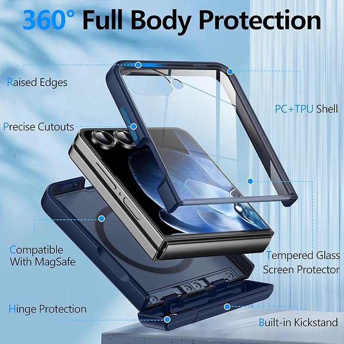 for Samsung Galaxy Z Flip 7 Case Compatible with Magsafe [Hinge Protection＆ Kickstand][Built-in Front Screen Protector] 15FT Military Shockproof Full Body Phone Case for Galaxy Z Flip 7 (Blue)